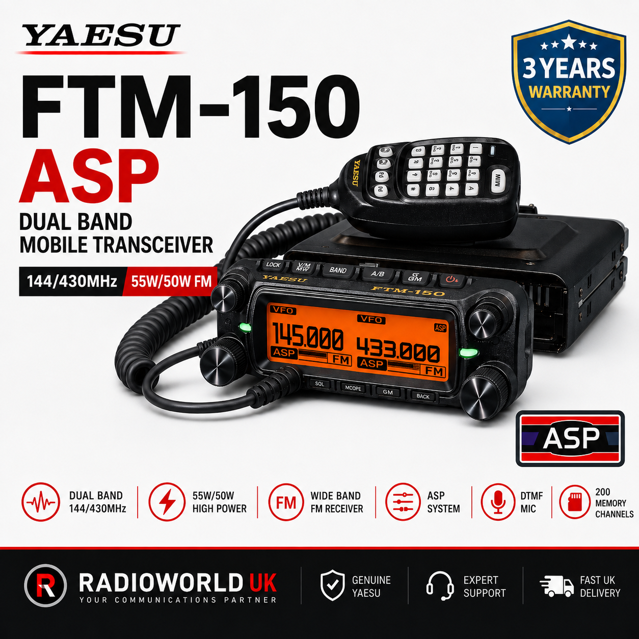 Yaesu FTM-150 ASP - 55/50W 144/430MHz FM Dual Band Mobile Transceiver - Radioworld UK