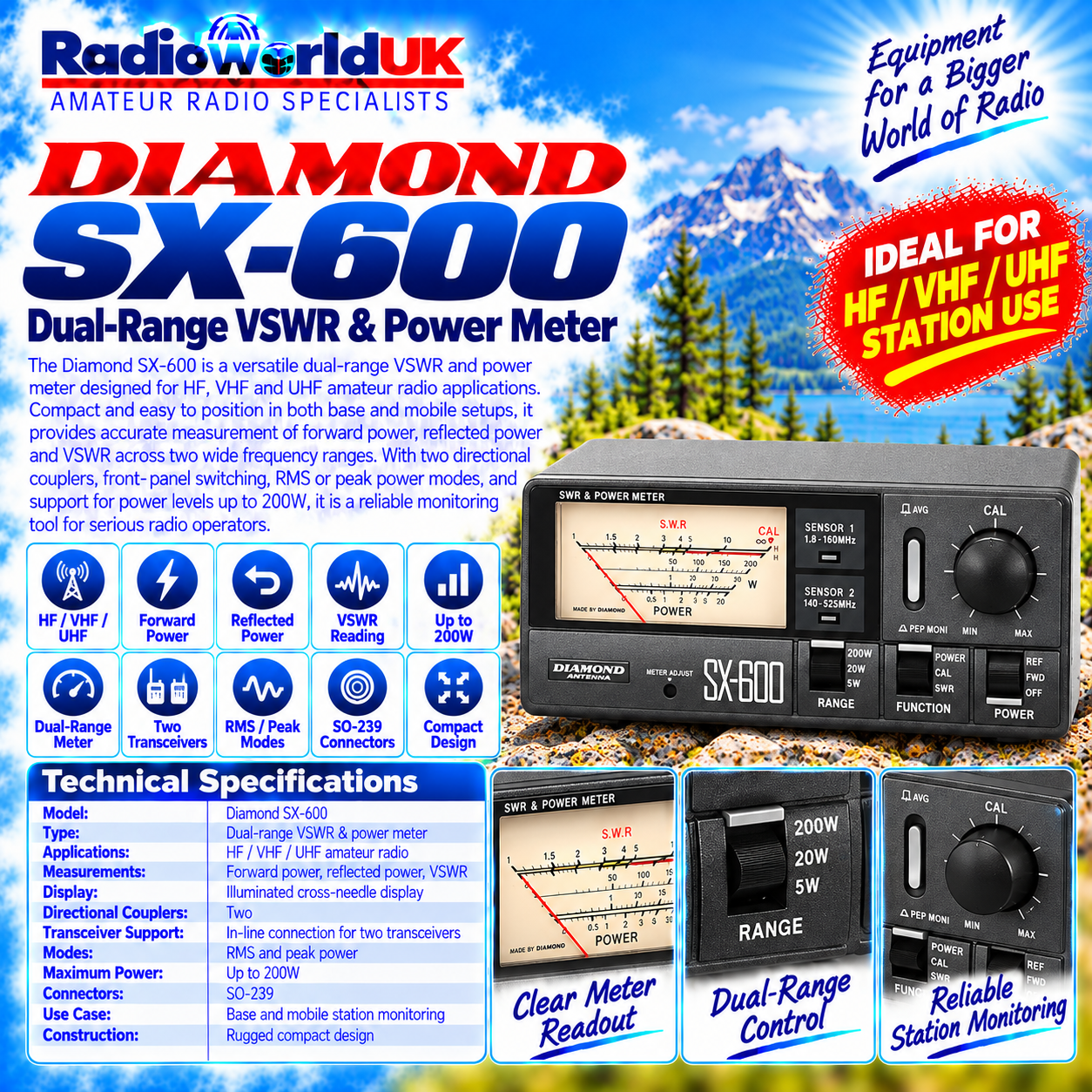 Diamond SX-600 SWR & Power Meter (1.8–160MHz / 140–525MHz, SO-239