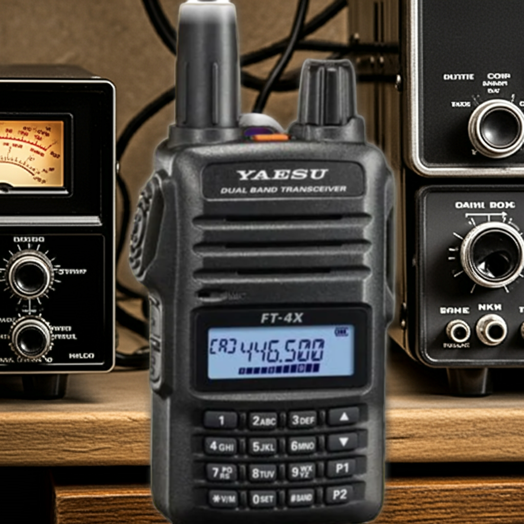 Yaesu FT-4XE portable radio on desk with accessories and charger