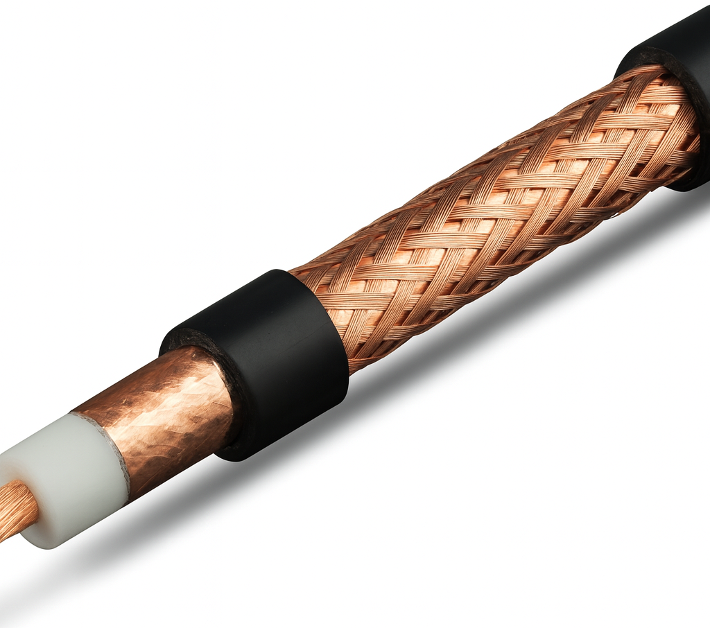 “Hyperflex 10 coax cable with exposed braid, foil, dielectric and copper conductor”