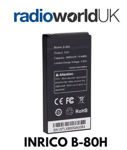 Radioworld UK image of Inrico B‑80H battery with safety warnings and certification icons