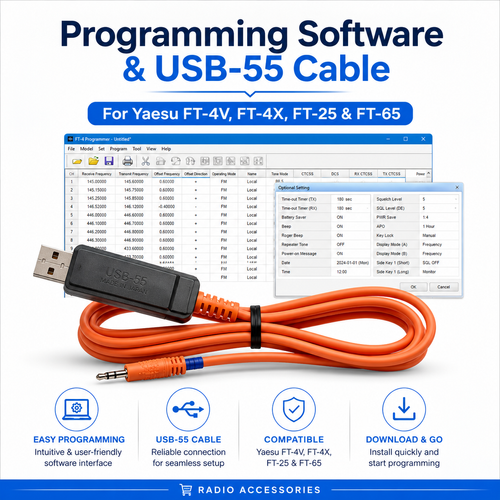 USB‑55 programming cable with 2.5 mm stereo plug, orange body and blue over‑moulding, designed for Yaesu FT‑4V, FT‑4X, FT‑25 and FT‑65 radios.