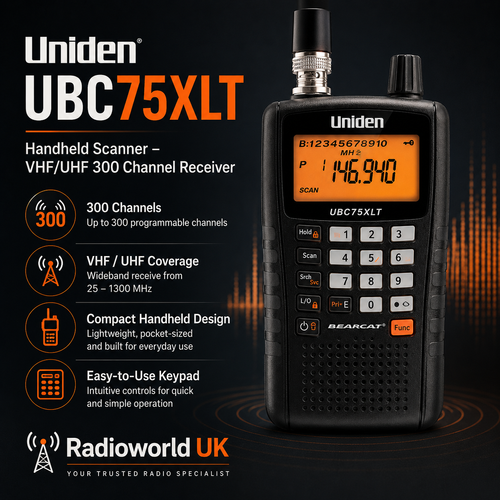 Uniden UBC75XLT handheld scanner with 300 channels and VHF UHF coverage