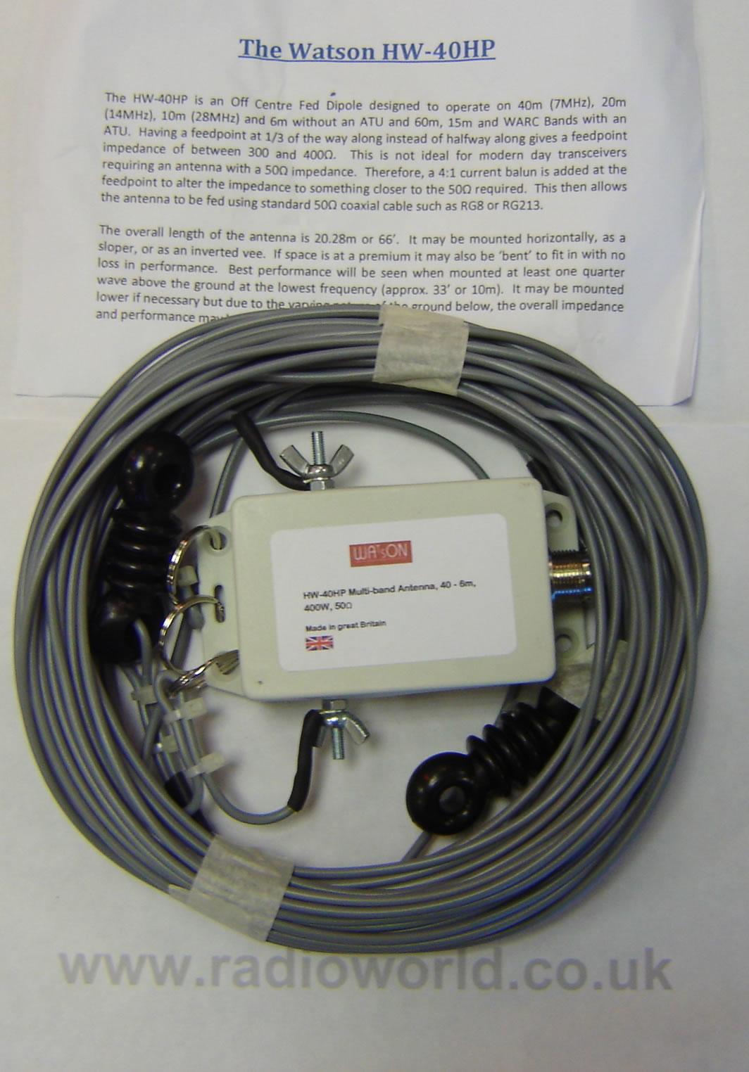 HW-40HP Multiband HF off-centre fed dipole with 4:1 balun 80-10m