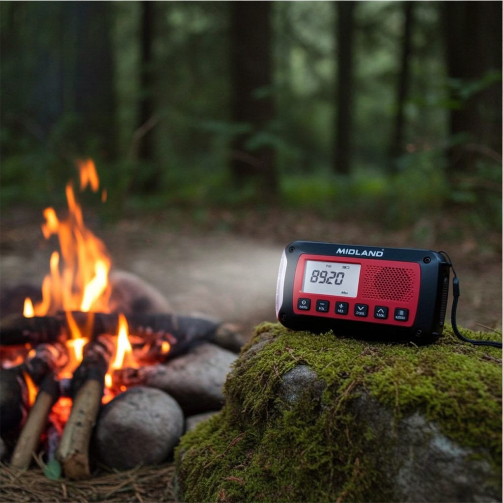 Midland ER100 emergency radio on rock with LED torch active in camping scene