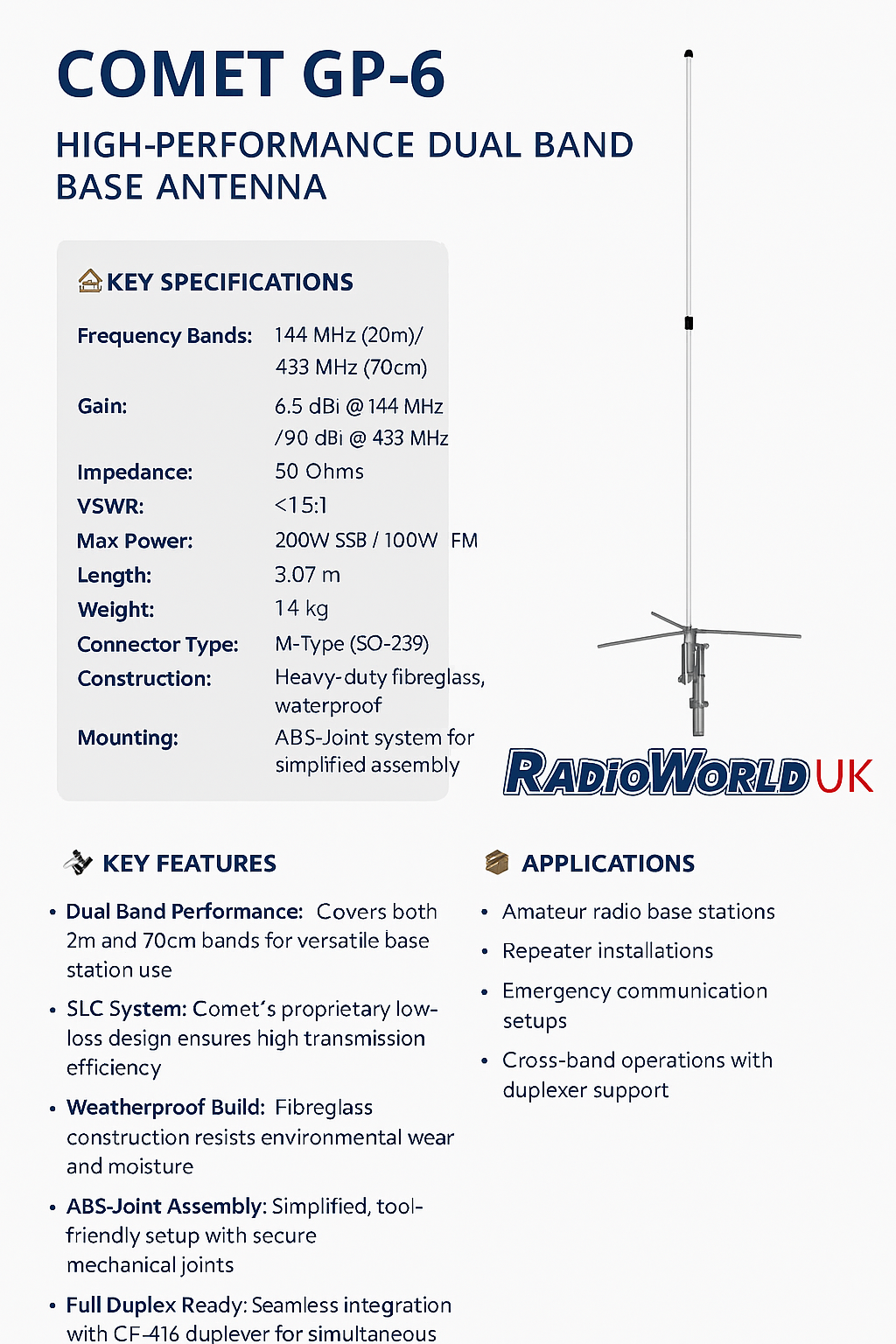 GPクワッドアンテナ　10m /6m/144/430MHz Comet GP6 dual band base antenna 144, 433 MHz. - Radioworld UK