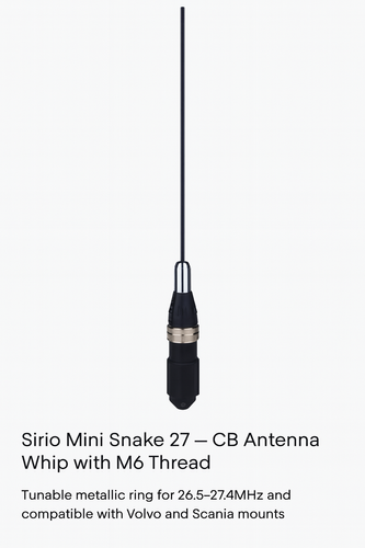 Sirio Mini Snake 27 CB antenna whip with M6 thread, tunable metallic ring, and stainless steel base for Volvo and Scania mounts”