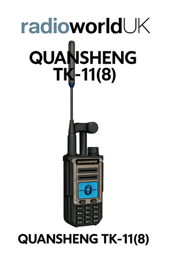Quansheng TK‑11(8) radio showing LCD screen and rugged casing, branded for Radioworld UK