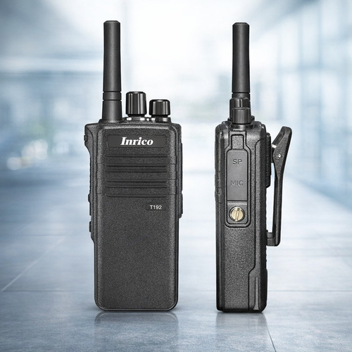 Front and side views of Inrico T192 IP‑67 network handheld radio with antenna and belt clip