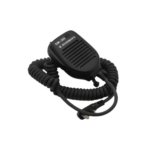 “Sharman DM‑300 speaker microphone with coiled cord and dual‑pin plug for two‑way radios”