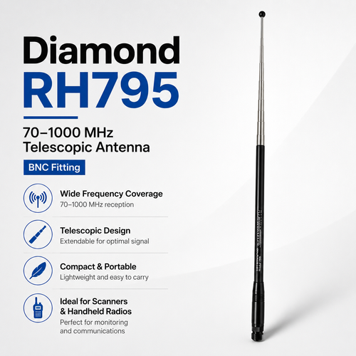 Diamond RH795 70–1000MHz telescopic wide‑band antenna with BNC connector