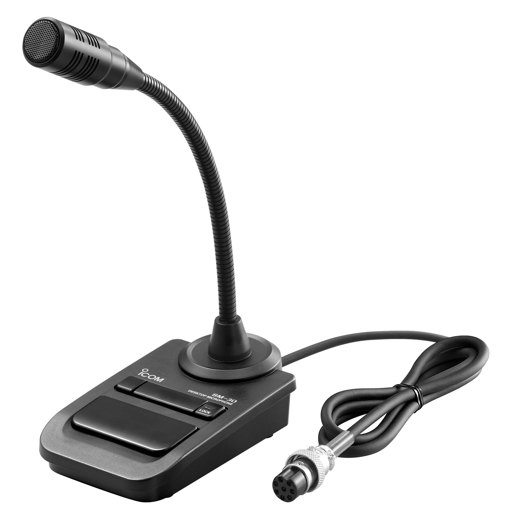 Icom SM-30 Desktop Gooseneck Microphone 8-pin metal connector; PTT / PTT lock switches, Low-cut filter designed for SSB and FM.