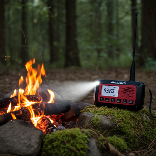 Portable solar crank radio with LCD screen and strobe light outdoors