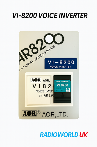 AOR VI-8200 Voice Inverter card for AR8200 receivers, shown in original packaging with white ID label and black module; Radioworld UK branding on white background