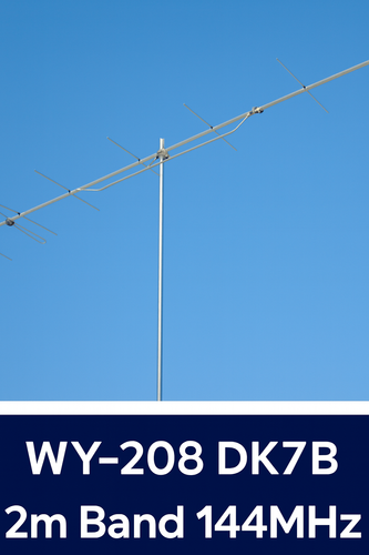 "WY-208 DK7ZB 2m Band 144MHz Yagi-Uda antenna with 8 elements mounted on a vertical pole against a clear blue sky, designed for directional VHF amateur radio communication.