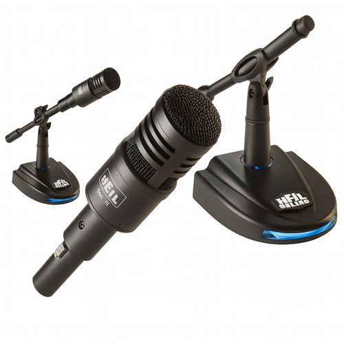 Heil PR‑10 dynamic microphone mounted on LB‑1 desktop stand with LED transmit indicator.