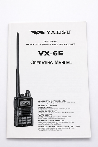 Yaesu VX-6E Operating Manual cover showing dual band heavy duty submersible transceiver, Radioworld UK