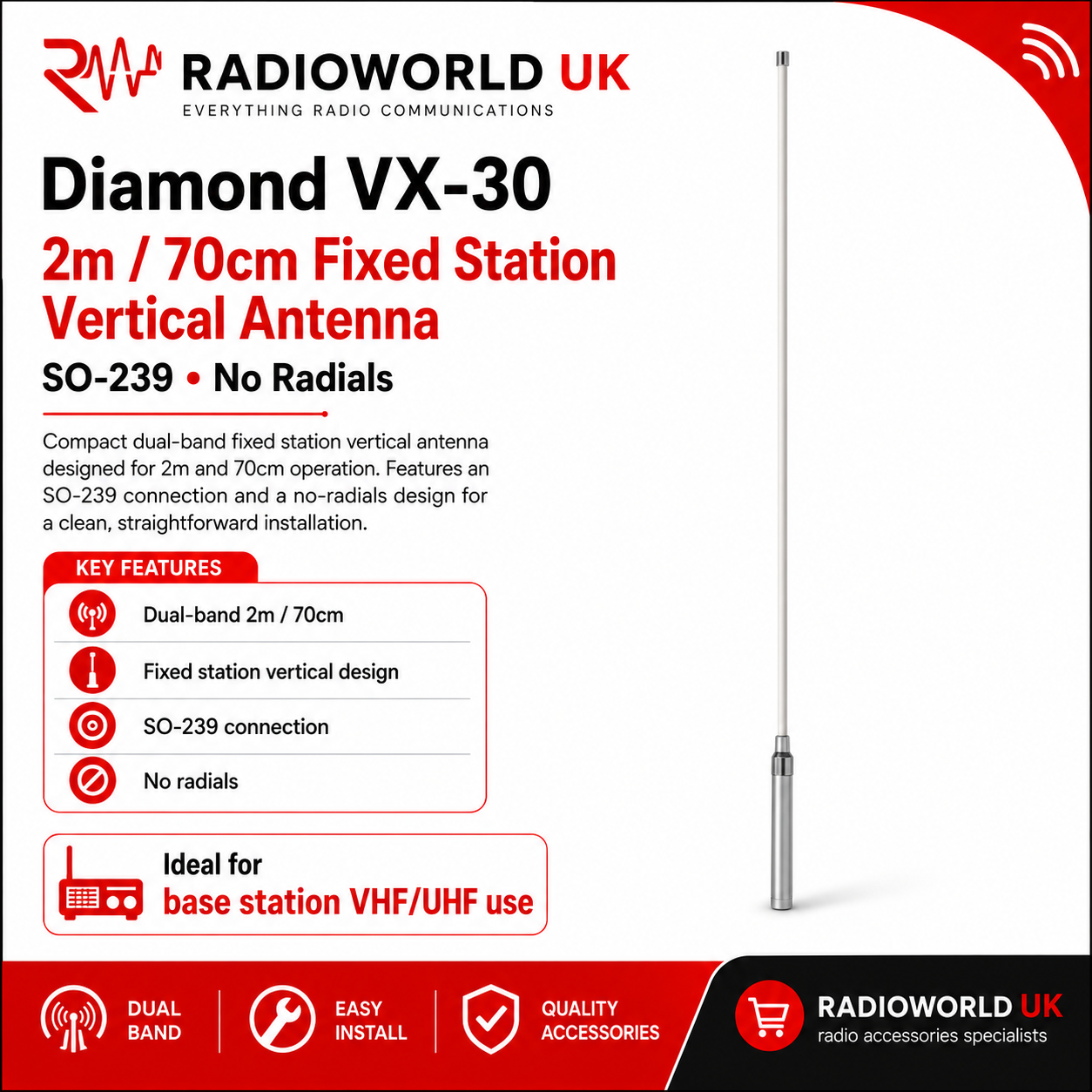 Diamond VX-30 2m/70cm Vertical Antenna SO-239 (No Radials
