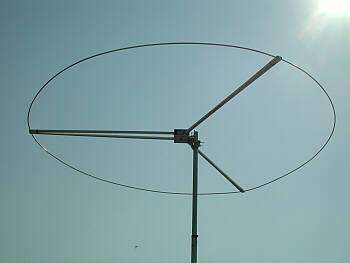 Big Wheel circular loop antenna mounted on a vertical pole against a clear sky, designed for 2m, 70cm, and 6m amateur radio bands with horizontal polarization and omnidirectional coverage