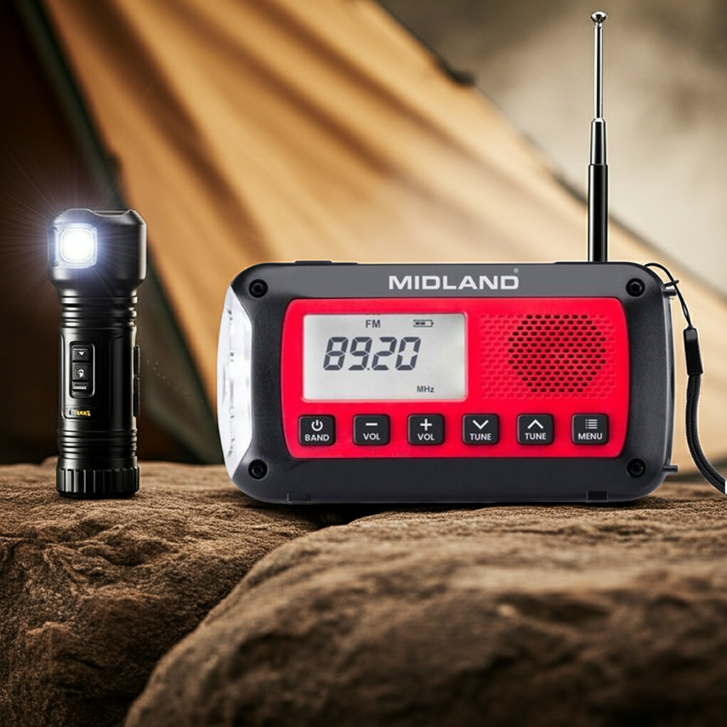Midland ER100 survival radio resting on backpack near tent at dusk