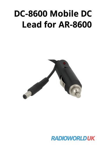 DC-8600 mobile DC power lead with 12V cigarette lighter plug and barrel connector, compatible with AOR AR-8600 receiver, shown on white background with Radioworld UK branding