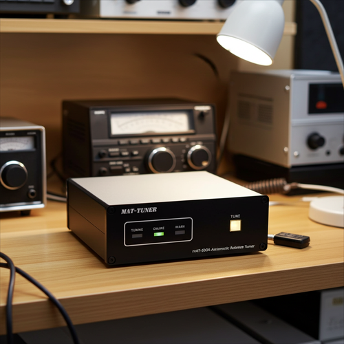 "mAT-600A 600W automatic antenna tuner with coaxial cable connected and matte black casing"