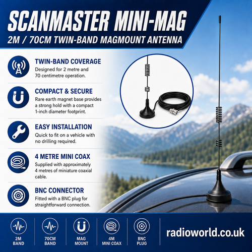 scanmaster 2/70 twin band mini mag antenna bnc radioworld uk