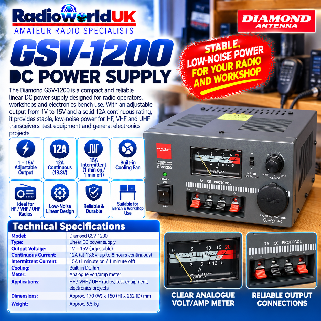 DIAMOND GSV1200 DC電源供給器 Diamond GSV‑1200 Linear 12A Power Supply | Adjustable DC