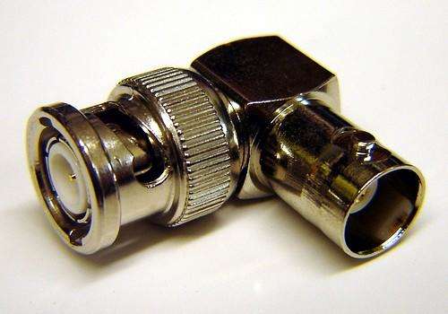 90-degree connection between a BNC plug and a BNC socket, providing flexibility in cable routing and connections.
