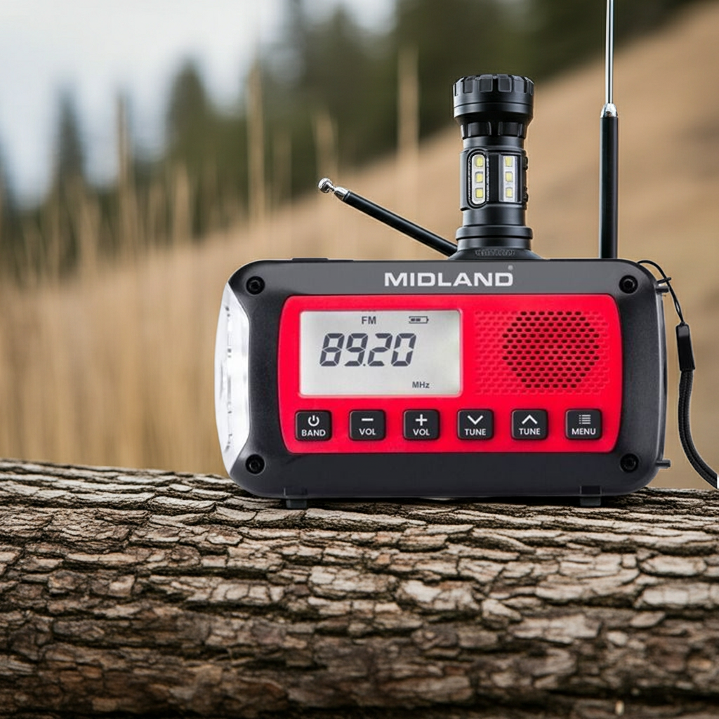 Emergency weather radio with hand crank and power bank in outdoor setup
