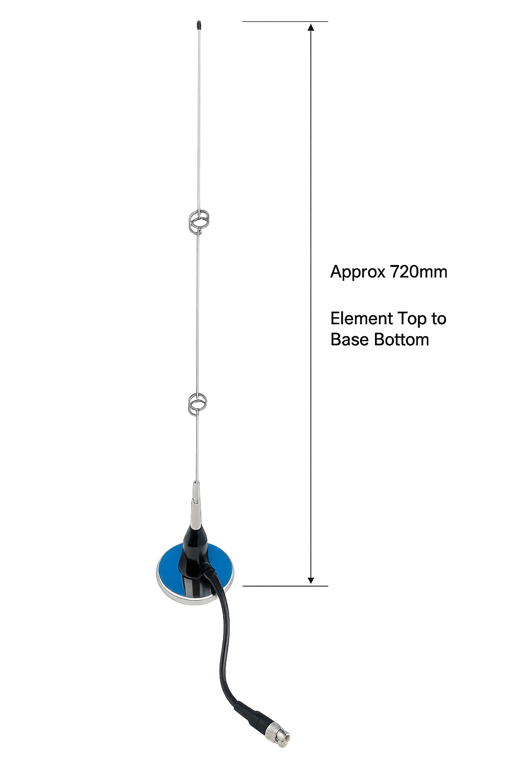 AOR MA‑500 scanner antenna showing full whip length, dual coil elements, magnetic base, and coaxial cable