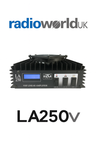 RM Italy LA‑250 VHF Linear Amplifier with Radioworld UK logo