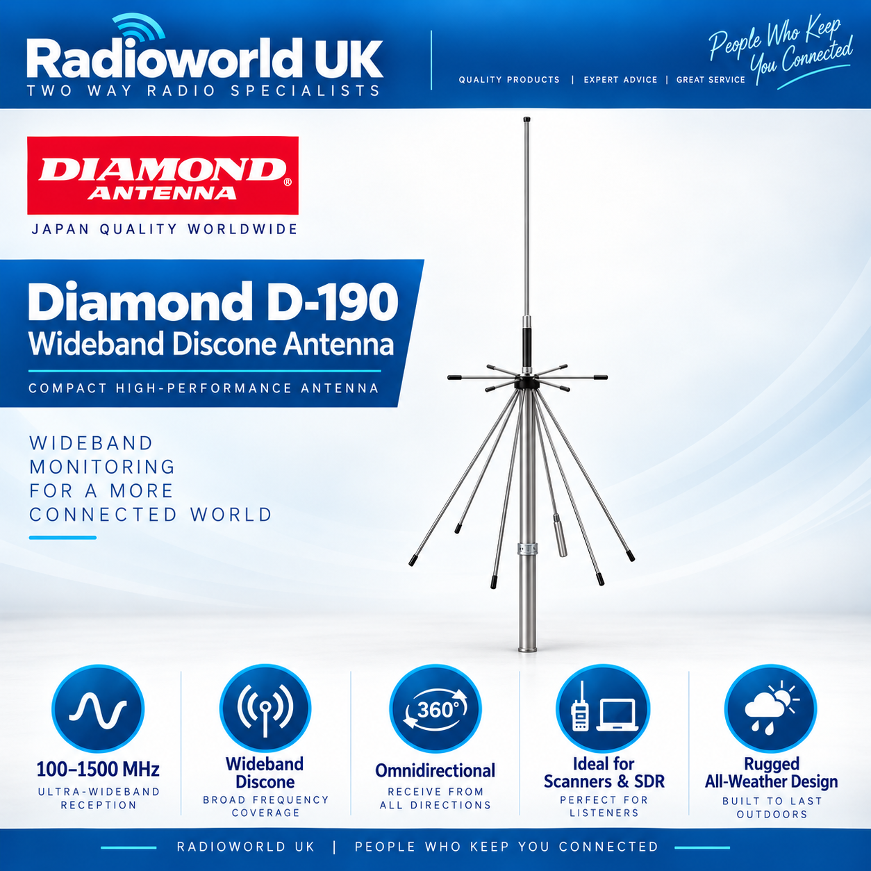 Diamond D-190 Discone Antenna (100–1500MHz Wideband) – Radioworld UK