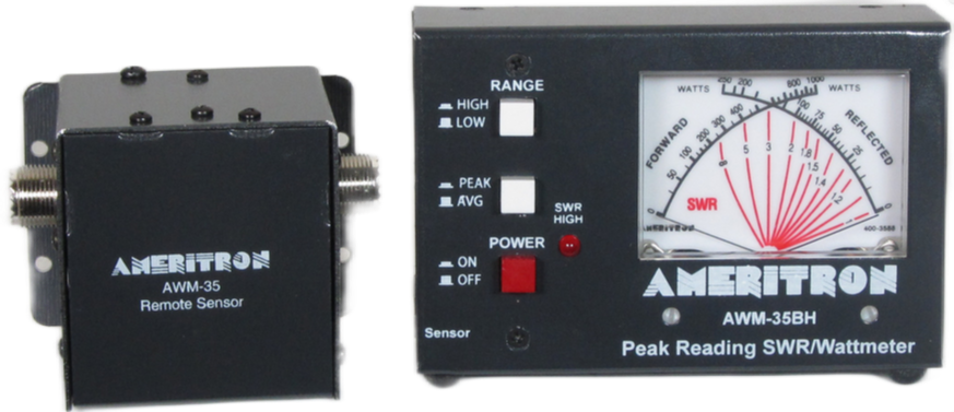 Awm-35hb Ameritron SWR and power meter, capable of measuring SWR and power from 1.8 to 50MHz, with a power rating of 1000W and 100W.