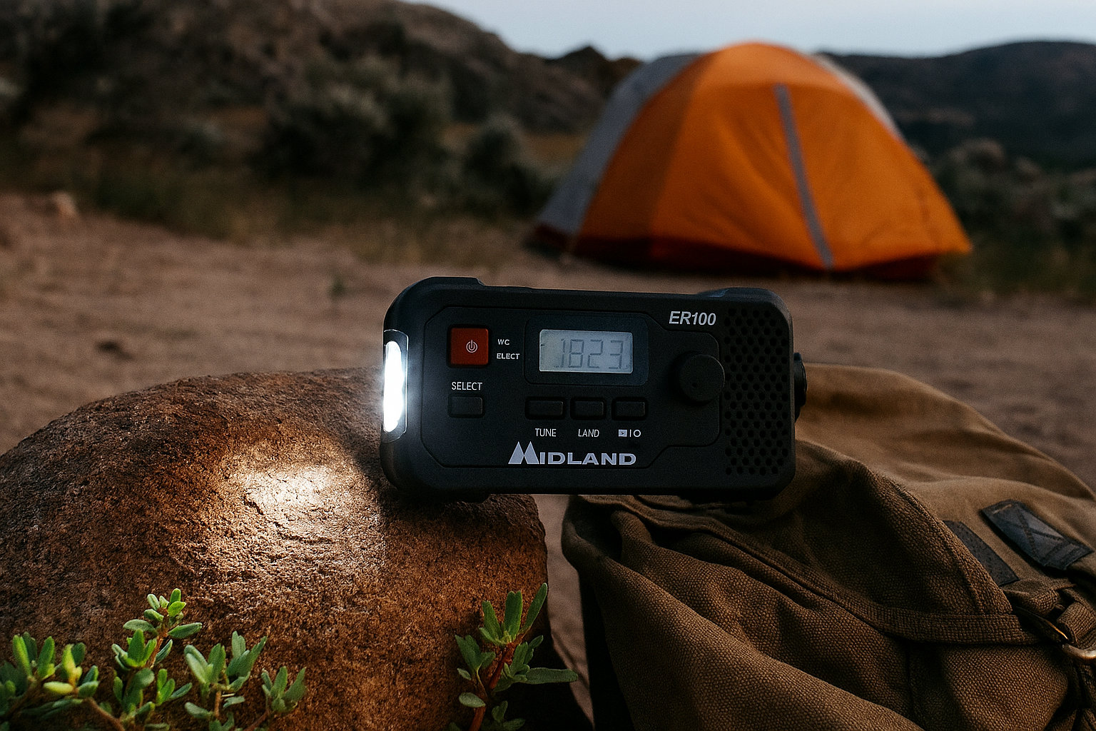 Midland ER100 Emergency Radio is ready. It shows the unit in a rugged outdoor setting