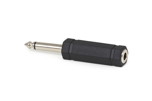 ¼ inch mono jack plug to ¼ inch stereo socket adapter with black housing and silver metal contacts, isolated on white background