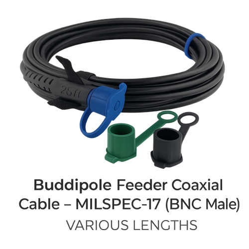 Buddipole Feeder Coaxial Cable – MILSPEC‑17 (BNC Male), 25ft length, coiled with BNC connector and color-coded caps on white background