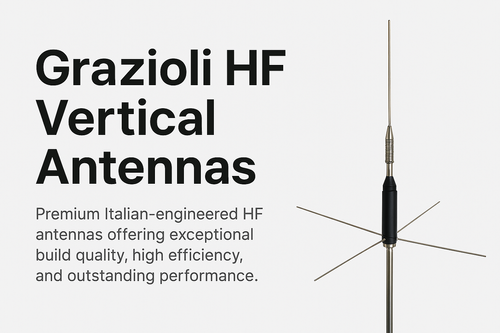 Grazioli HF vertical antenna with ground-plane radials shown in full length against neutral background – premium Italian-engineered amateur radio antenna featured by Radioworld UK