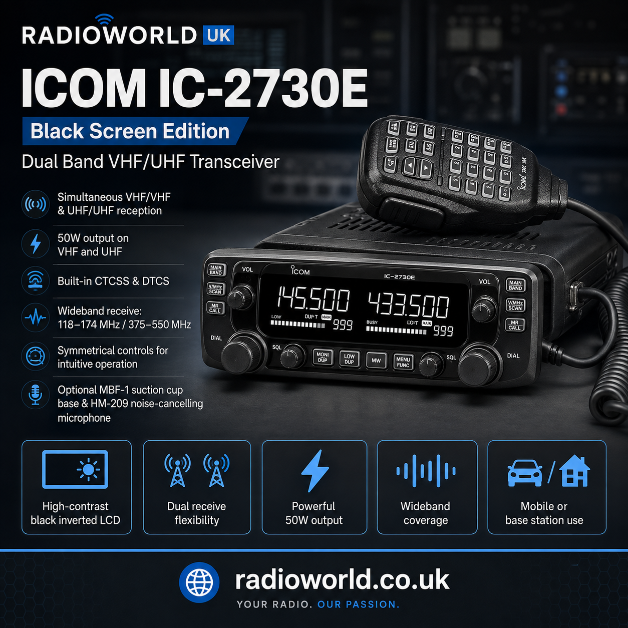 ICOM IC-2730E Dual Band VHF/UHF Transceiver (Black Screen Edition