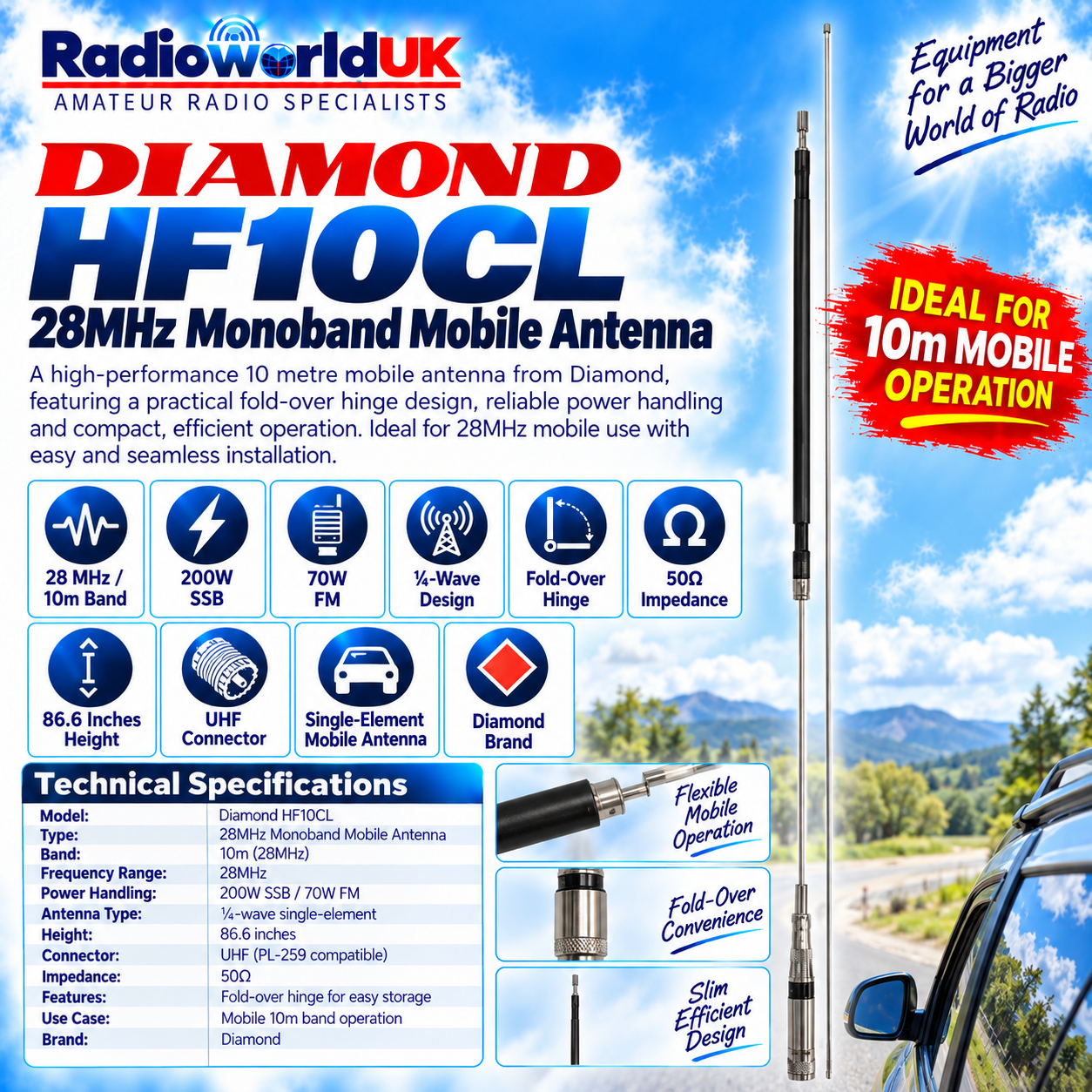 Diamond HF10CL 28MHz Monoband Mobile Antenna 10m | Radioworld UK