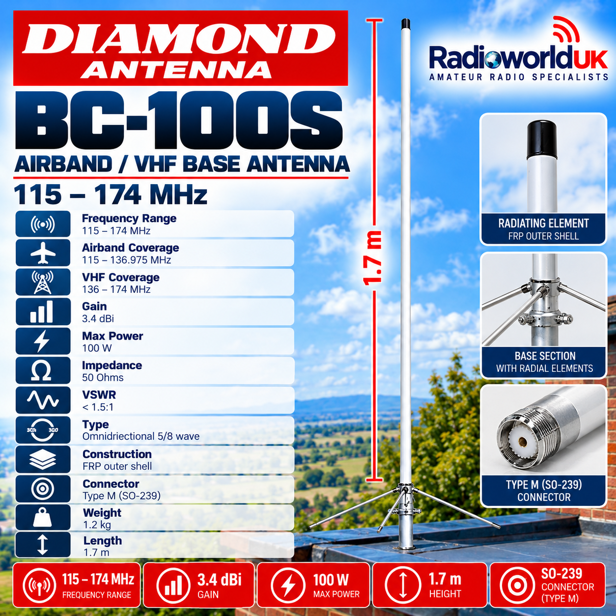 Diamond BC-100S VHF Vertical Antenna 115-174MHz | Radioworld UK