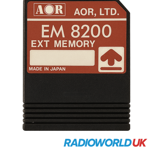 AOR EM 8200 external memory module – black plastic card with red and white label, model and branding visible, compatible with AOR receivers, shown on white background with Radioworld UK logo