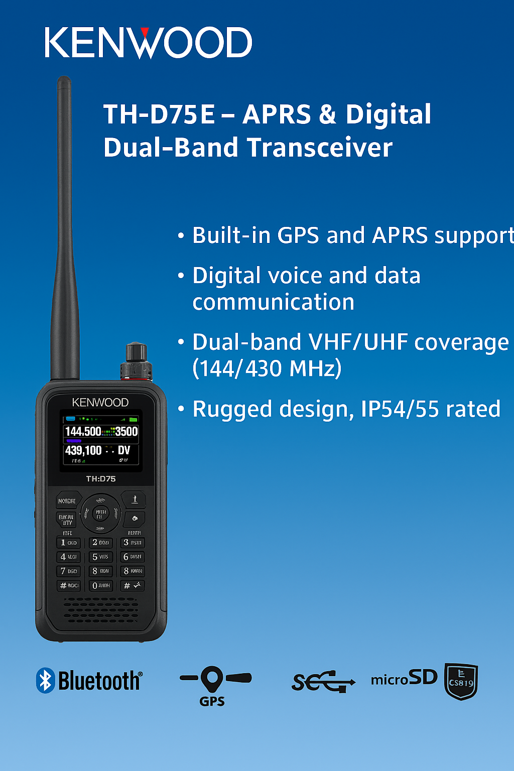 Kenwood TH‑D75 D‑STAR Dual‑Band Handheld Radio with GPS
