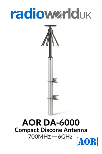 AOR DA‑6000 compact discone antenna with radial brass elements and stub‑mast, 700 MHz–6 GHz, branded for Radioworld UK