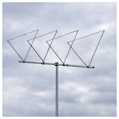 Quad beam antenna with four square elements mounted on a horizontal boom and vertical mast against a cloudy sky – Radioworld UK