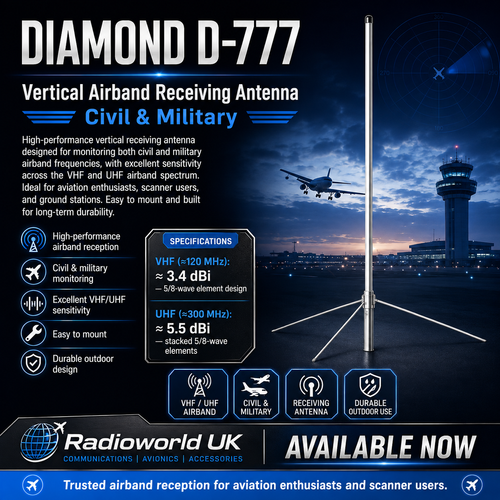 Diamond D-777 Vertical Airband Antenna – Civil & Military VHF/UHF Receiver, Outdoor Mount