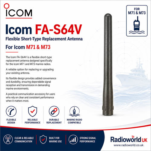 Icom FA-S64V is a replacement antenna designed for use with the Icom IC-M71 and IC-M73 radios.