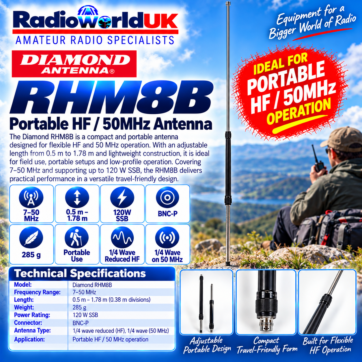 Diamond RHM8B Portable Antenna 7–50MHz – Radioworld UK