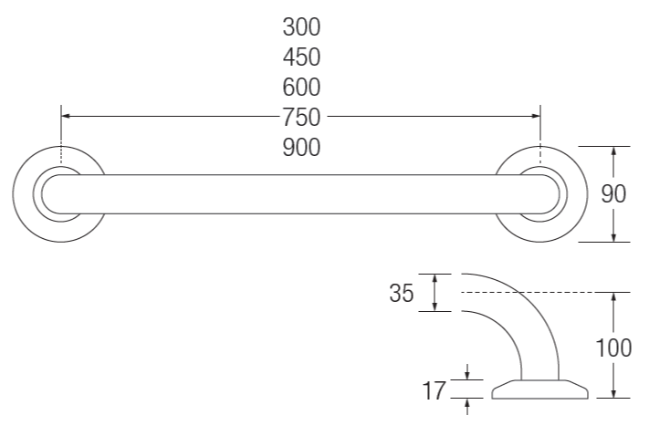 Grab Rail (2-Flange) - Stainless Steel, 35mm, Conealed Fixing