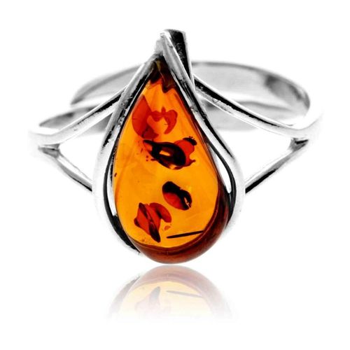 Image#1 Ornate Teardop Brown Baltic Amber Adjustable Ring